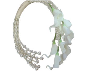 Calla lily adorned with pearls, Customizable, bridal bouquet, calla lily pearl bridal adornment, bridal accessory, trendy bouquet