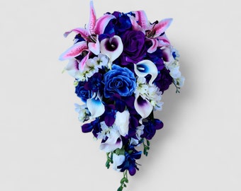 Cascading purple blue calla lily, galaxy orchid, rose bouquet