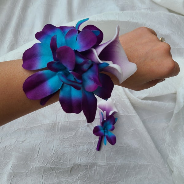 Galaxy orchid, real touch calla lily wrist corsage, purple blue orchid, artificial flowers, wrist corsages