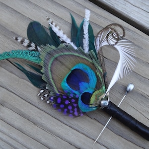 Peacock boutonniere, button hole, peacock feather, wedding, customize ribbon color to match your wedding colors image 3