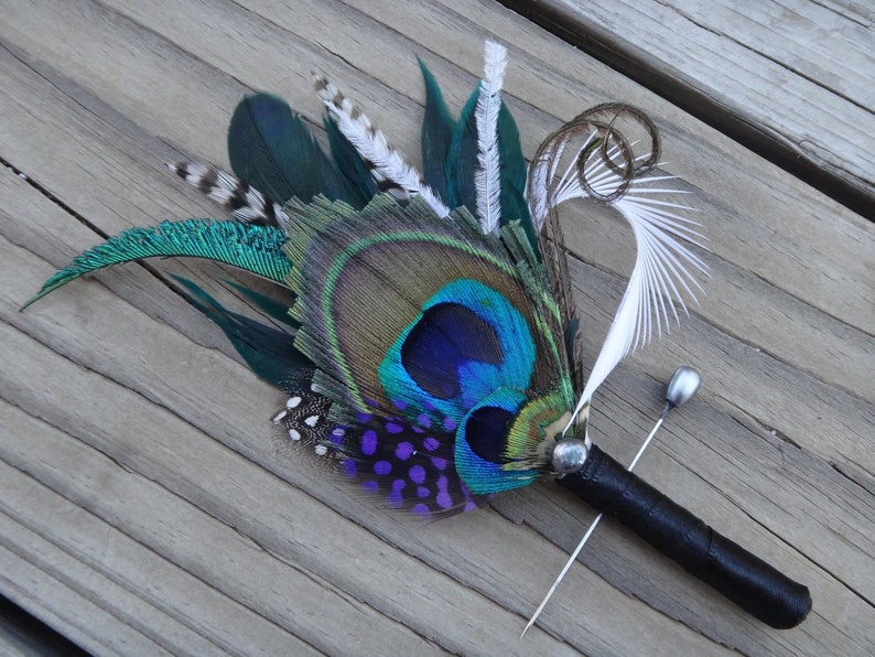 Peacock boutonniere, button hole, peacock feather, wedding, customize ribbon color to match your wedding colors image 3