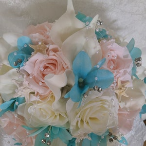 Ivory, pink, aqua blue cascading bridal bouquet, calla lily, rose, bridal bouquet with artificial flowers, silk flowers,real touch calla image 9