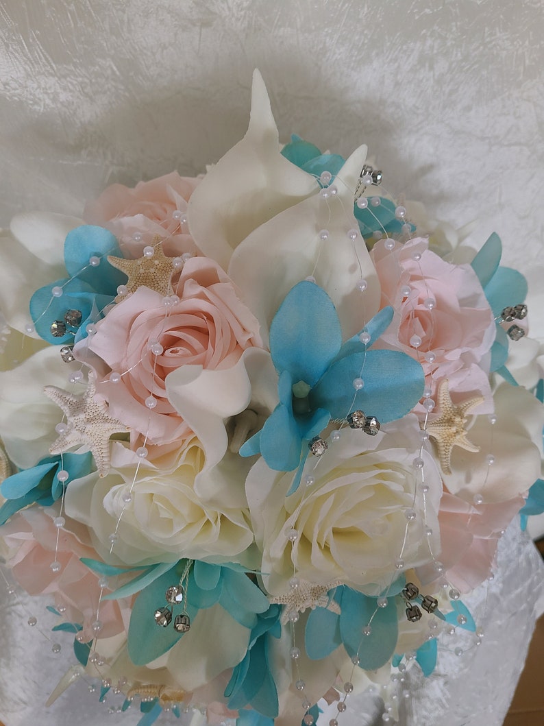 Ivory, pink, aqua blue cascading bridal bouquet, calla lily, rose, bridal bouquet with artificial flowers, silk flowers,real touch calla image 9