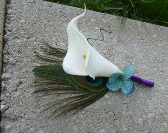 calla lily peacock boutonniere,  customizable