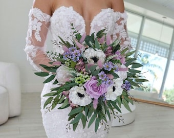 Purple bridal bouquet, lilac bouquet, anemone, rose, peony, eucalyptus, spring bouquet, faux flower bouquet, purple bouquet