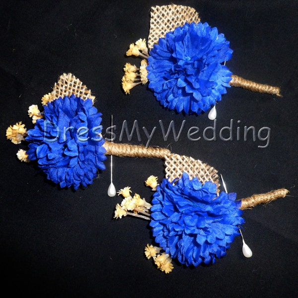 Blue cornflower boutonniere, rustic country boutonniere, cobalt blue, royal blue boutonniere, wrapped with burlap, customizable