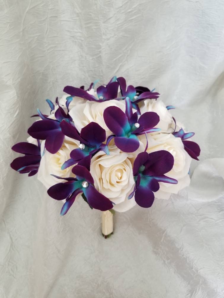 Rose and Galaxy Orchid Bridal Bouquet Silk Rose Purple Blue | Etsy