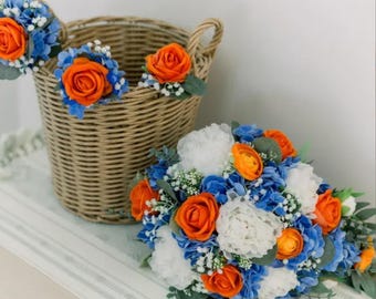 Cascading Bridal Bouquet Tropical Wedding Flower Arrangement Silk Artificial Faux Teardrop Bride Accessory Island Beach Ceremony Orange Blue