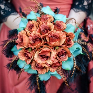 Burnt Orange, teal bridal bouquet, teal calla lily burnt orange french roses, black ostrich feather