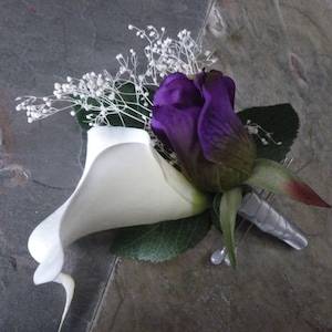 Calla lily rose artificial flower boutonniere with baby&#39;s breath, button hole, corsage, customizable