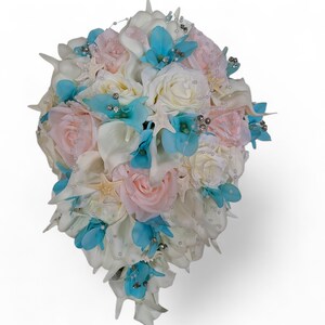 Ivory, pink, aqua blue cascading bridal bouquet, calla lily, rose, bridal bouquet with artificial flowers, silk flowers,real touch calla image 4