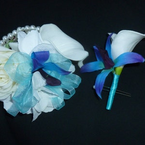 Cosage and boutonniere set, real touch rose, calla lily, orchid, calla boutonniere, pearl corsage