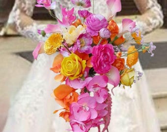 Jewel Tone Bouquet Bright Wedding Flower Arrangement Cascade Peony Rose Collection Vibrant Floral Summer Bride Wildflower Bouquet Artificial