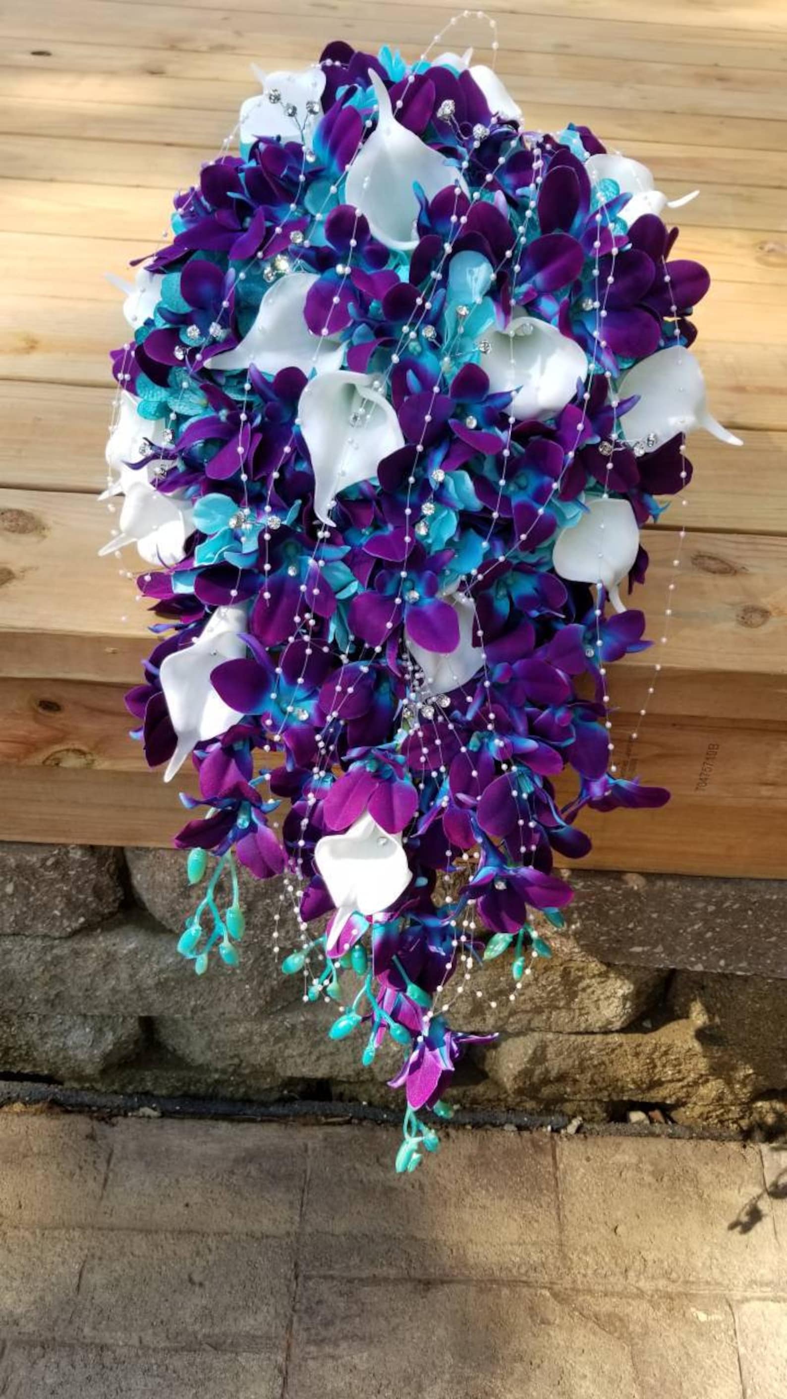 Galaxy Orchid Cascading Bridal Bouquet, Purple Blue Orchids, Artificial