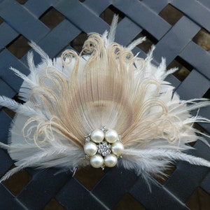 Bridal Ivory, champagne feather hair piece, champagne peacock feather, pearl rhinestone