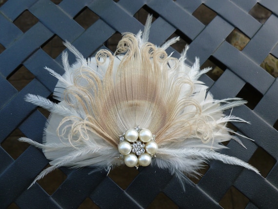 Bridal Feather Hair Piece, Pearl Rhinestone Clip - Etsy display picture 1