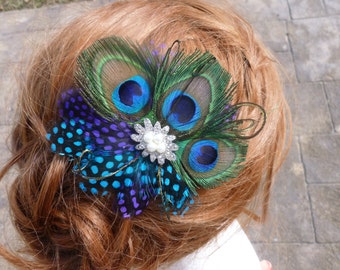 Peacock feather  hair clip "Pearl" bridal hair piece