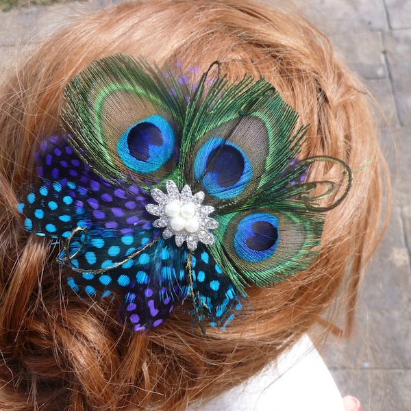 Clip de cheveux de plume de paon "Pearl" morceau de cheveux nuptiales