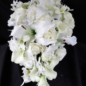 Ivory cascading bouquet with silk lilies, real touch roses, silk roses, real touch callas stephanotis