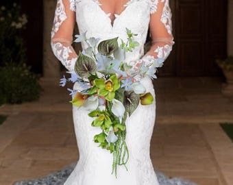 Modern Calla Lily Bridal Bouquet: Anthurium, Amaranthus, Orchid Cascade