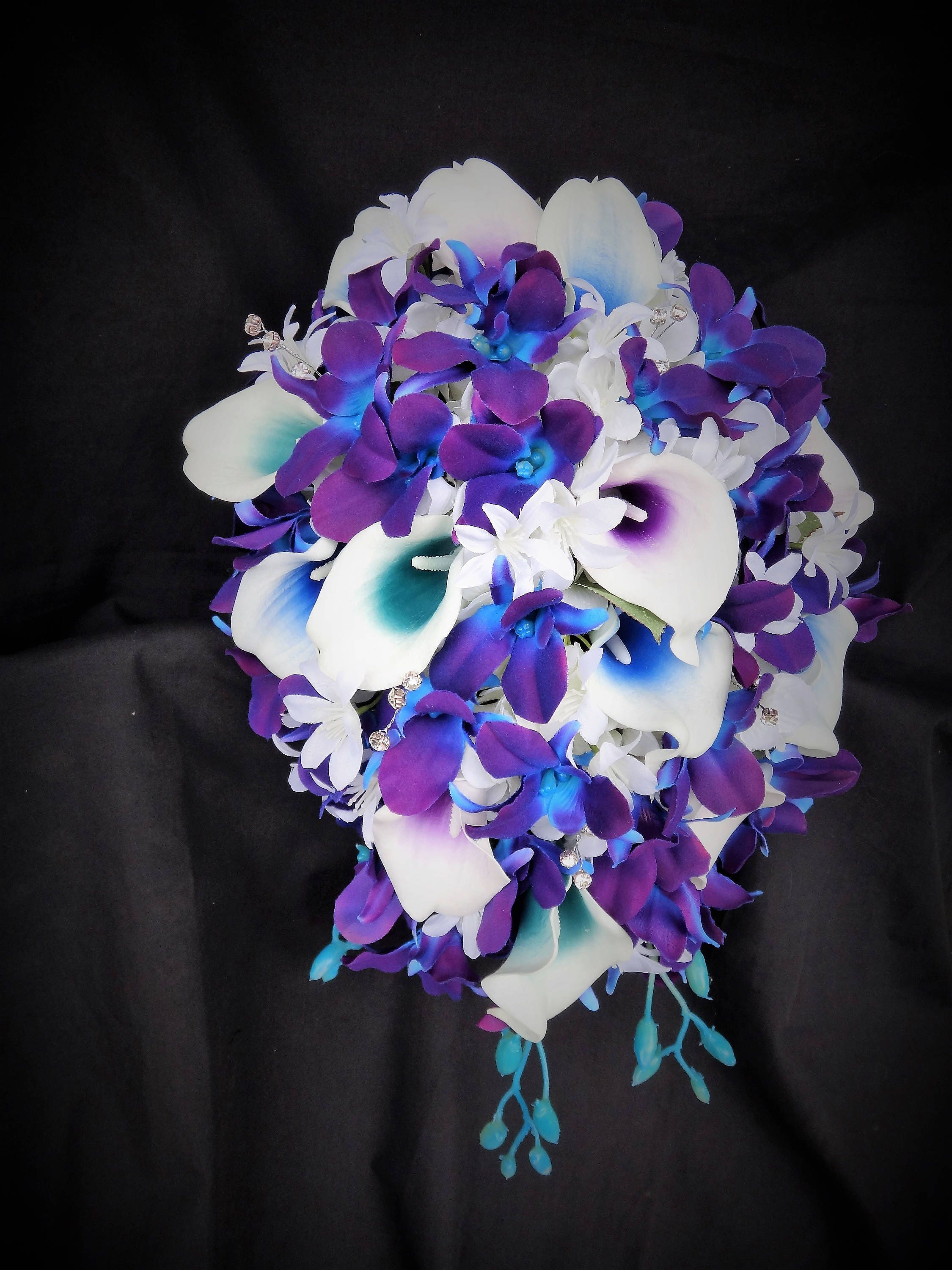 Galaxy Orchid Cascading Bridal Bouquet Purple Blue Orchids