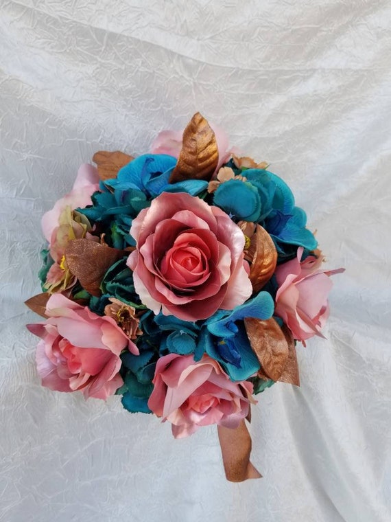 Kupfer, Trkis, Pfirsich, rosa Hochzeitsstrau, Brautstrau, knstliche  Blumen - Etsy.de