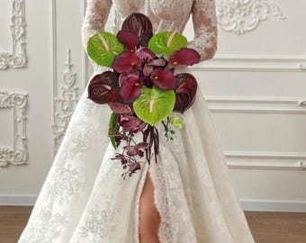 Modern Bridal Bouquet Tropical Wedding Flower Arrangement Burgundy Calla Lily Minimalist Design Plum Orchid Anthurium Cascade Real Touch