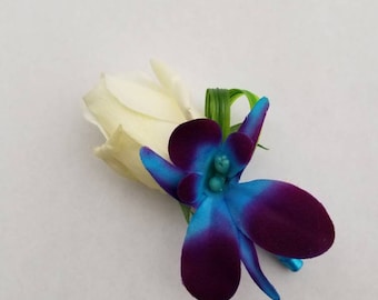 Rose galaxy orchid boutonniere, purple blue orchid boutonniere, rose and orchid boutonniere