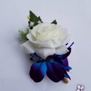 Rose galaxy orchid boutonniere, purple blue orchid boutonniere, rose and orchid boutonniere