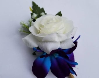 Rose galaxy orchid boutonniere, purple blue orchid boutonniere, rose and orchid boutonniere