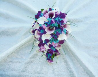 Bridal cascading bouquet, galaxy orchid, purple blue orchid, picasso calla and turquoise teardrop bouquet, turquoise accent