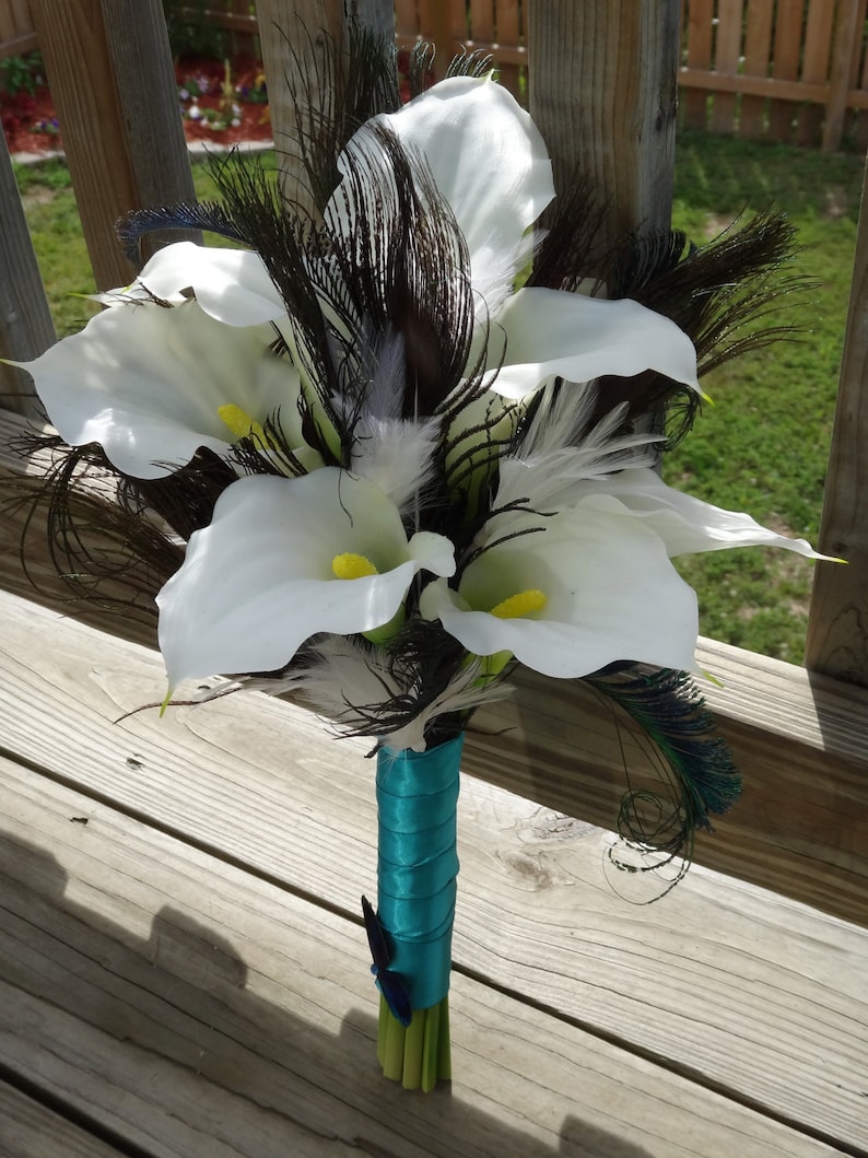 Calla lily bridal bouquet white and peacock feather accent Etsy