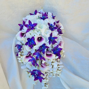 Cascading Purple blue dendrobium orchid bouquet, hydrangeas, wisterias, picasso calla lilies image 1