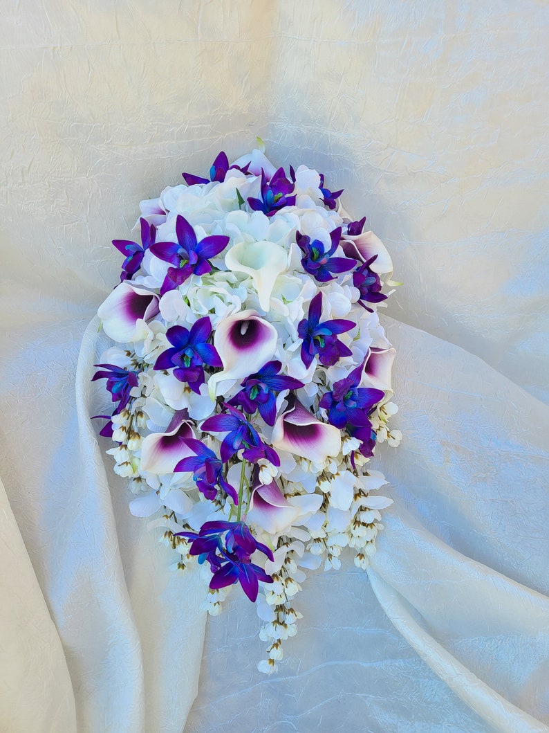 Cascading Purple blue dendrobium orchid bouquet, hydrangeas, wisterias, picasso calla lilies image 1
