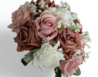 Dusty Pink Rose Bouquet Artificial Flowers Wedding Alternative Bridal Accessory Pearl Accent Blush Pink Chocolate Brown Roses Arrangement
