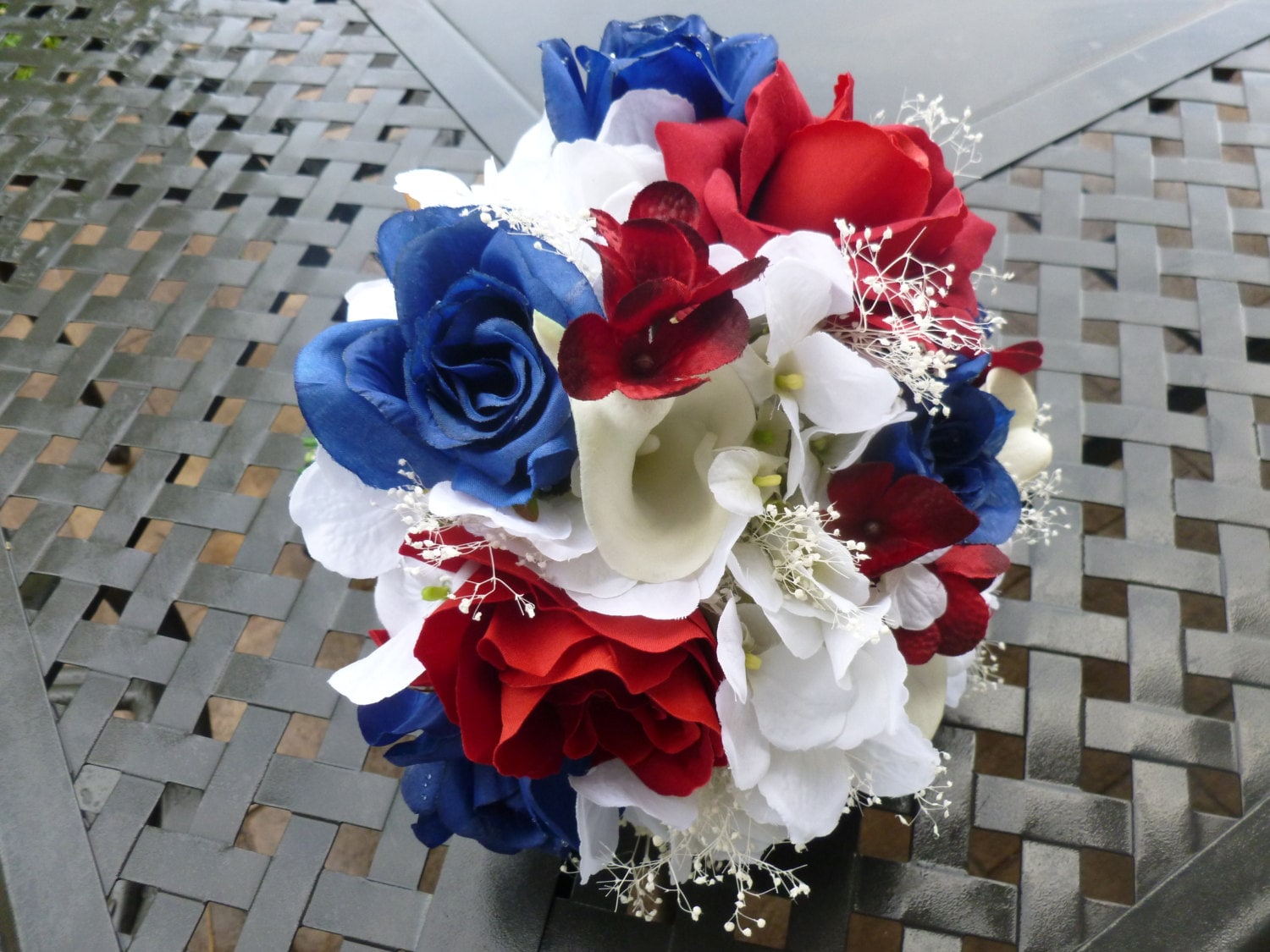 Red, blue, White bridal bouqeut, american flag bouquet, Red, blue rose, hydrangea, baby's breath