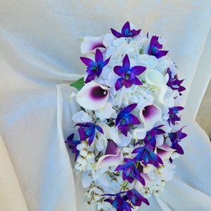 Cascading Purple blue dendrobium orchid bouquet, hydrangeas, wisterias, picasso calla lilies image 3