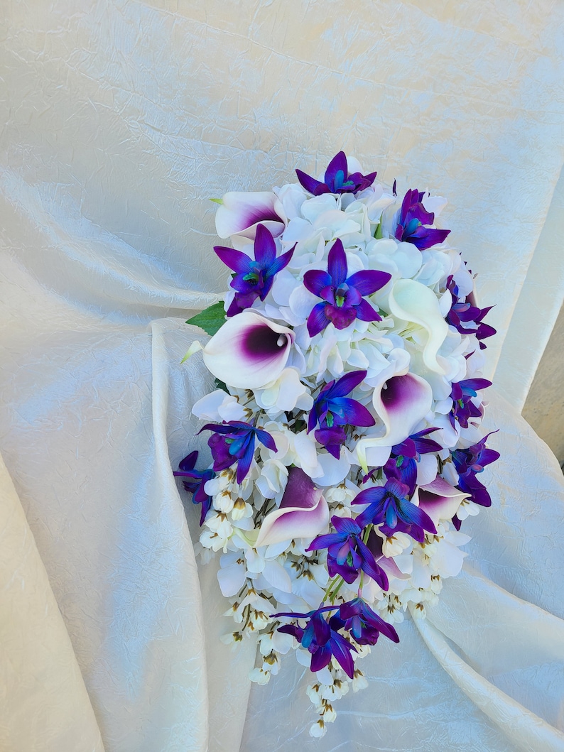 Cascading Purple blue dendrobium orchid bouquet, hydrangeas, wisterias, picasso calla lilies image 3