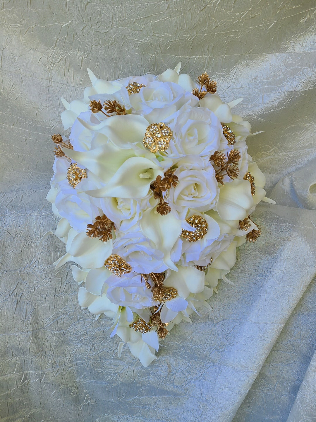 Ivory, Cream Cascading Bridal Bouquet, Real Touch Calla Lily, Gold ...