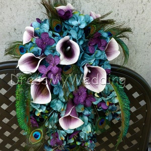Teal cascading bouquet with picasso calla lilies, teal, plum purple, hydrangea bouquet, teardrop bouquet