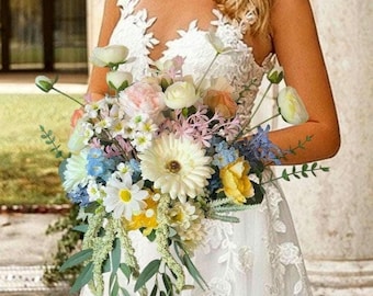 Wildflower Bridal Bouquet Artificial Flower Wedding Decoration Boho Style Rustic Wedding Ceremony Accessory Pink Orange Peony Arrangement