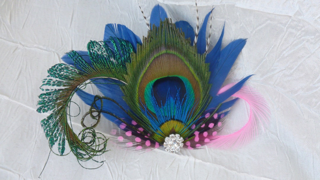 Peacock Rhinestone Feather Hair Piece, Pink, Blue Feather  display picture 2