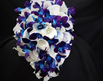 Lys calla, orchidée galaxie, bouquet de mariée orchidée bleu violet, bouquet en forme de larme, orchidée des îles, fleurs artificielles