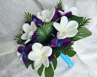 Tropical Wedding Bouquet Real touch Flower White Plumeria Orchid Arrangement Beach Faux Galaxy Blue Purple Hawaiian Island Bride
