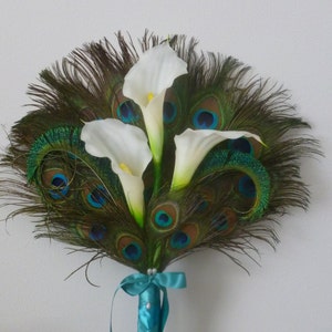 Calla lily peacock bridal bouquet, bridesmaids bouquet, peacock feather, artificial flower feather bouquet