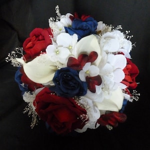 Red, blue, white bridal bouqeut, american flag bouquet, red, blue rose, hydrangea, baby's breath