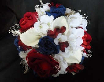 Red, blue, white bridal bouqeut, american flag bouquet, red, blue rose, hydrangea, baby's breath