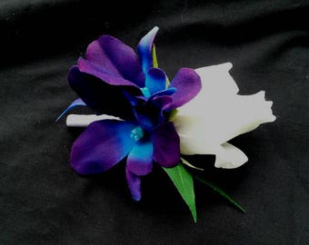 Rose galaxy orchid boutonniere, purple blue orchid boutonniere, rose and orchid boutonniere