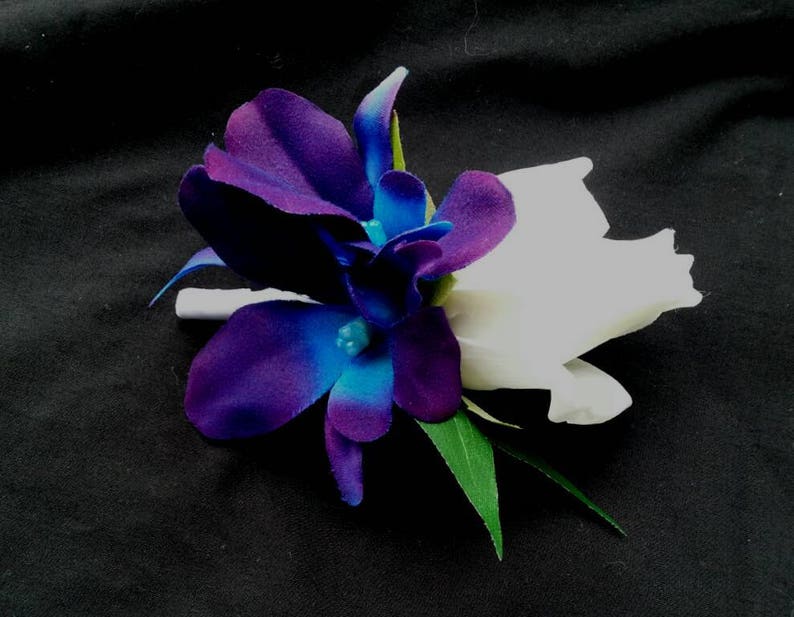 Rose galaxy orchid boutonniere, purple blue orchid boutonniere, rose and orchid boutonniere 