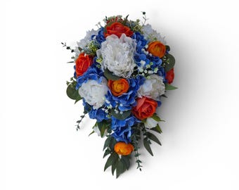 Cascading Bridal Bouquet Tropical Wedding Flower Arrangement Silk Artificial Faux Teardrop Bride Accessory Island Beach Ceremony Orange Blue